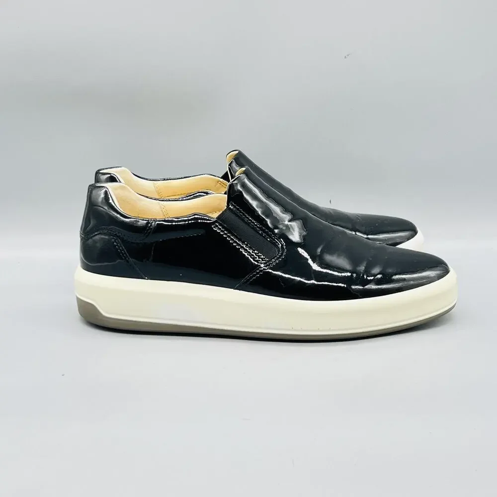 ECCO Shoes Womens 10 Black Patent Leather Slip On Walking Sneakers Comfort